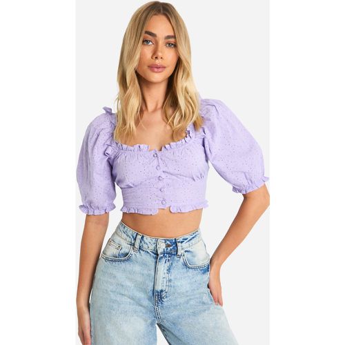 Crop top Milkmaid in pizzo sangallo con maniche a sbuffo - boohoo - Modalova