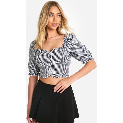 Top Crop De Cuadros Vichy Con Mangas Abullonadas Y Volante En El Bajo - boohoo - Modalova