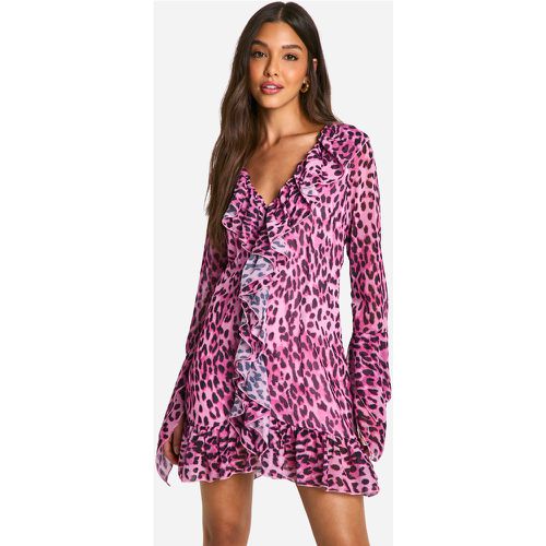 Vestido Recto De Chifón Con Estampado De Leopardo Y Volante Extremo - boohoo - Modalova