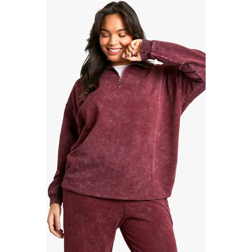 Sudadera Plus Oversize Premium Sobreteñida Con Cremallera A La Mitad En Color Burdeos - boohoo - Modalova