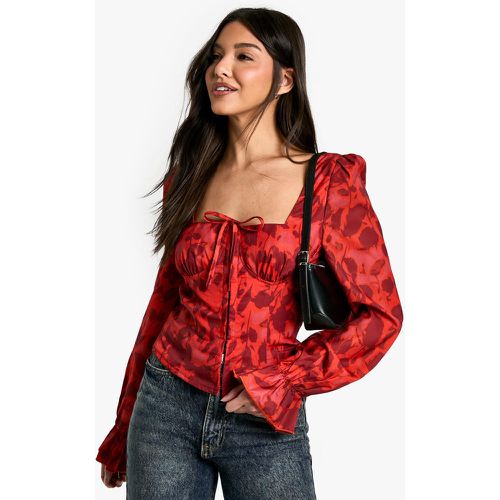 Top De Chifón Con Mangas De Globo Y Estampado De Flores Rojas - boohoo - Modalova