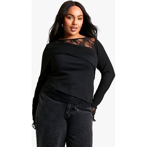 Top Plus Size a maniche lunghe in jersey di pizzo misto - boohoo - Modalova