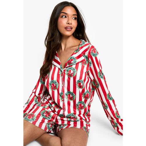 Pijama Navideño De Manga Larga Y Pantalón Corto Con Estampado De Corona - boohoo - Modalova