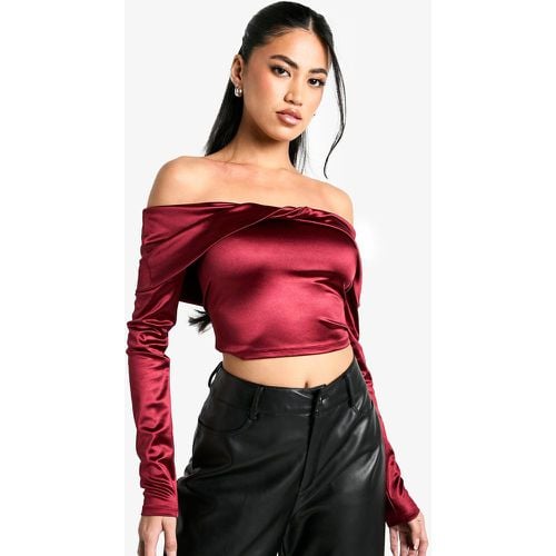 Top in raso Stretch con scollo Bardot e dettagli attorcigliati - boohoo - Modalova