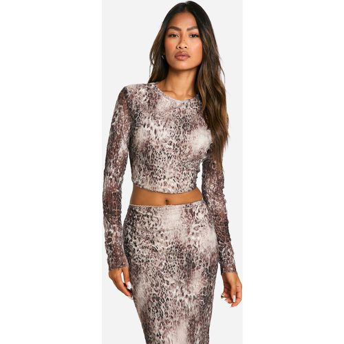 Top a maniche lunghe in pizzo con stampa leopardata - boohoo - Modalova