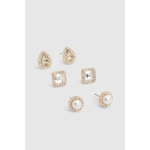 Pack De 3 Pendientes Dorados Con Incrustaciones - boohoo - Modalova