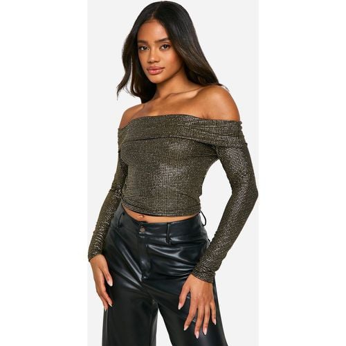 Top a maniche lunghe glitterato con scollo Bardot - boohoo - Modalova