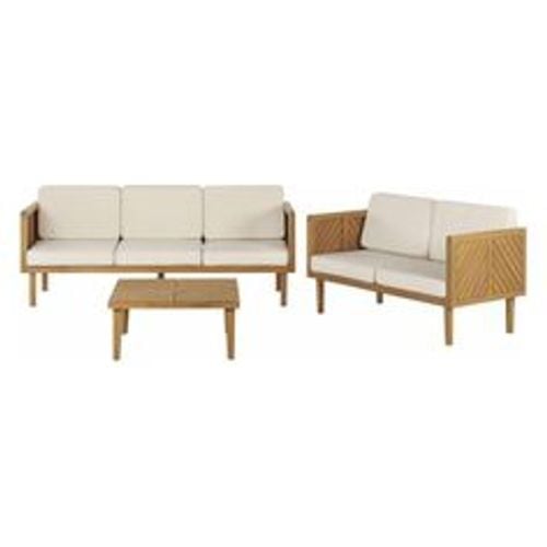 Lounge Set Hellbraun Akazienholz 3-teilig für 5 Personen mit Auflagen Beige Stoff Couchtisch 2er und 3er Sofa Outdoor Terrasse Garten - BELIANI - Modalova