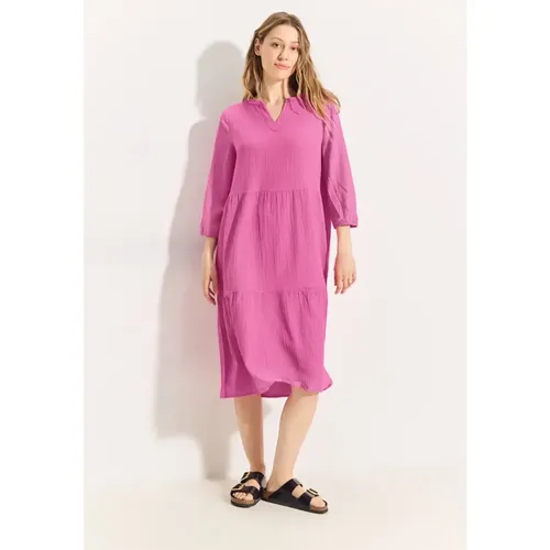 Seersucker Midikleid, geschlitzter Ausschnitt, 3/4 Arm mit Bündchen, leicht tailliert, dekorativ Raffungen durch Nähte - B14406415369 - Modalova