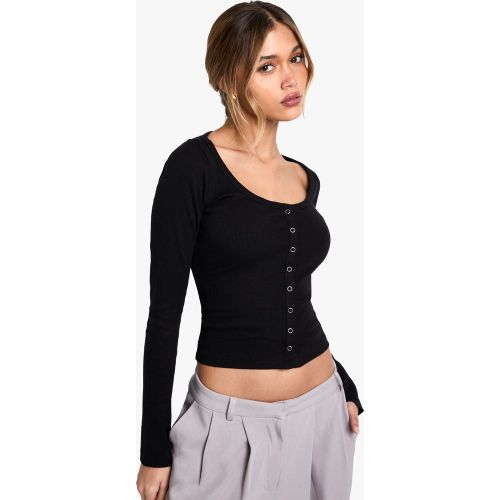 Top a maniche lunghe a coste con bottoni a pressione - boohoo - Modalova