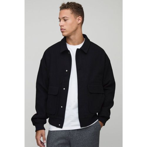 Tall Boxy Wool Look Harrington Jacket In Black - boohoo - Modalova