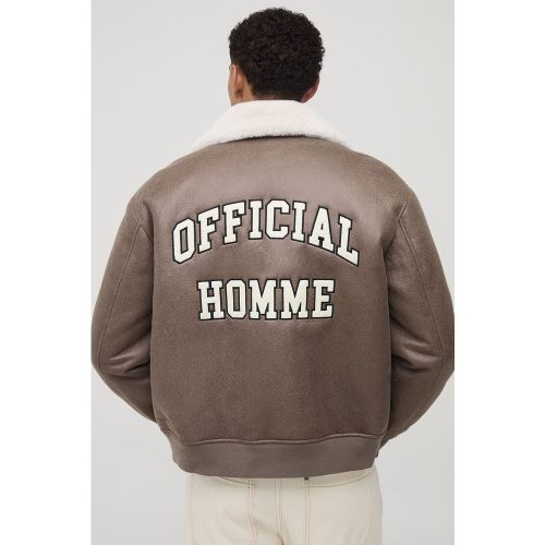 Man Oversized Washed Pu Borg Collared Bomber Jacket - boohoo - Modalova