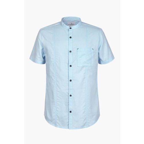 Sky Cotton Linen Grandad Collar Shirt men's Short sleeved Shirt in - Enorsia - Modalova