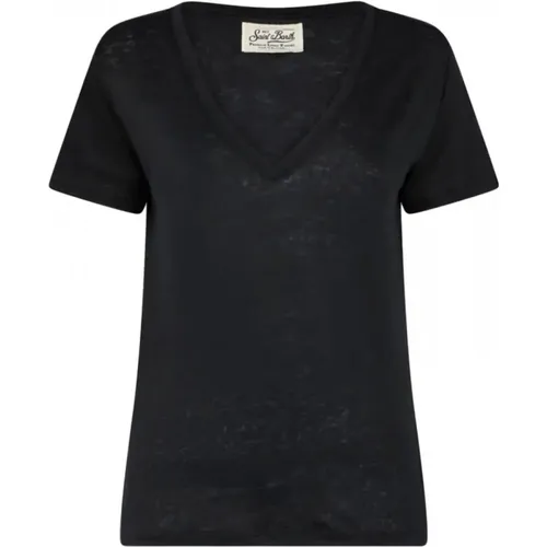 Eloise Schwarzes Leinen V-Ausschnitt T-Shirt , Damen, Größe: M - MC2 Saint Barth - Modalova