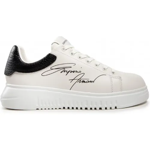 Weiße Ledersneakers mit Schwarzem Logo - Emporio Armani - Modalova