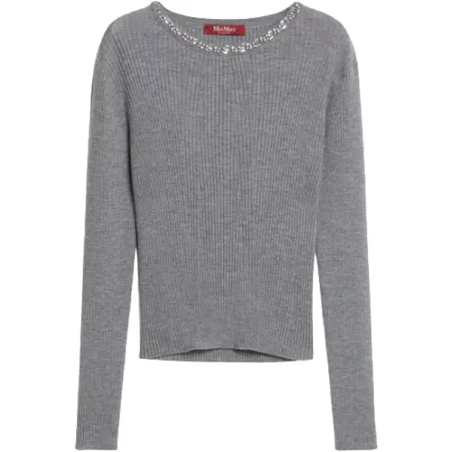 Grauer Wollpullover mit Eleganter Stickerei , Damen, Größe: S - Max Mara - Modalova