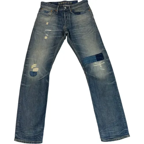 Destroyed Straight Fit Dark Jeans with Button Fly , male, Sizes: W33 L32, W31 L32, W32 L32 - Denham - Modalova