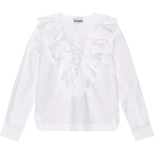 Weißes Bio-Baumwoll-Rüschenkragen-Shirt , Damen, Größe: M - Ganni - Modalova