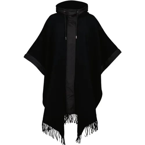 Hooded Wool Cape with Fringed Edges , female, Sizes: ONE SIZE - Moncler - Modalova