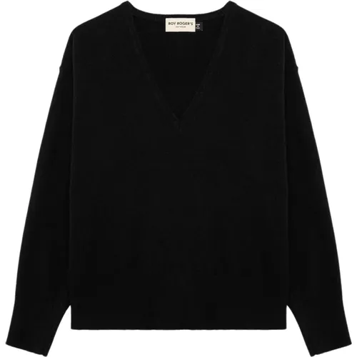 Schwarze Sweaters mit V-Ausschnitt und Rippbündchen , Damen, Größe: XL - Roy Roger's - Modalova