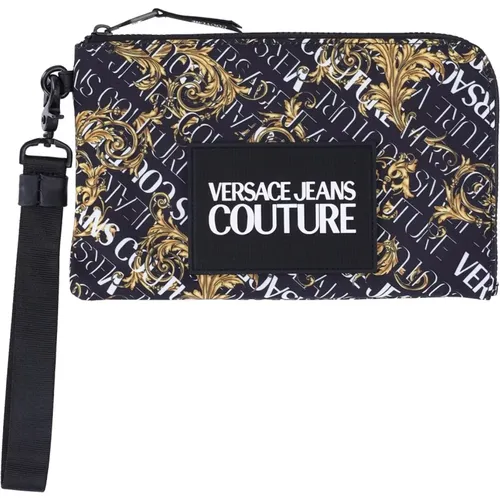 Schwarze/Goldene Clutch mit All-Over Logo Print und Reißverschluss - Versace Jeans Couture - Modalova