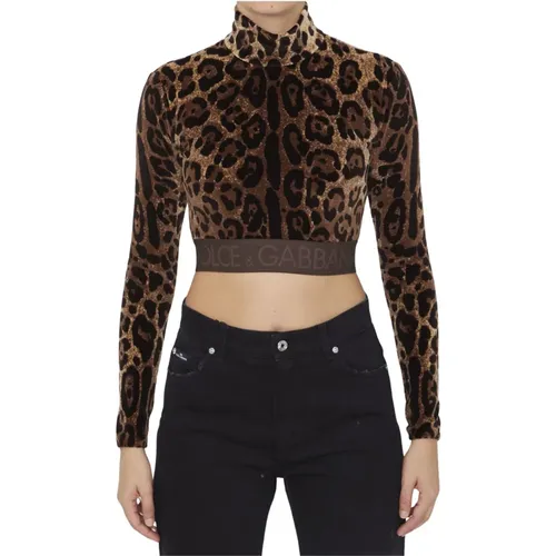 Leopard-Print Crop Top , female, Sizes: S - Dolce & Gabbana - Modalova