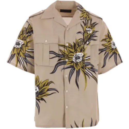 Floral Bowling Shirt in Grey Poplin , male, Sizes: XL, S, M, L - Prada - Modalova