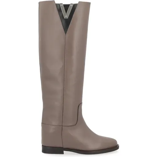 Taupe Leather Boot with Silver V Detail , female, Sizes: 3 UK - Via Roma 15 - Modalova