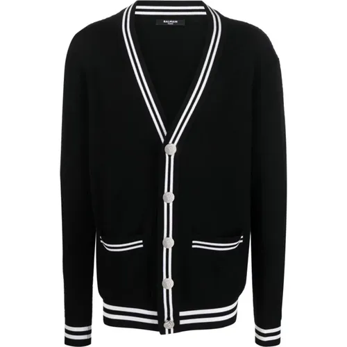 Cardigan with Button Closure and Striped Contrast Details , male, Sizes: M, S, L - Balmain - Modalova