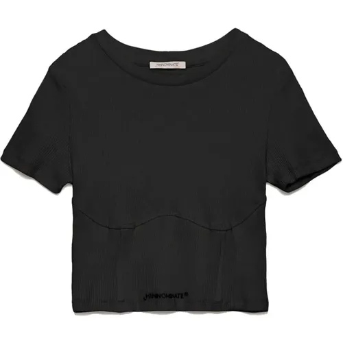 Gerippte Baumwolle Logo Print Kurzes T-Shirt , Damen, Größe: L - Hinnominate - Modalova