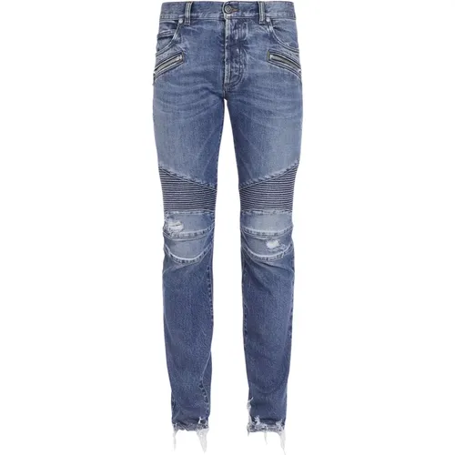 Tapered zerrissene blaue Baumwolljeans , Herren, Größe: W38 - Balmain - Modalova