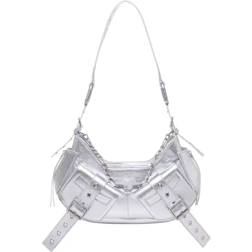 Silver Leather Shoulder Bag with Front Pockets , female, Sizes: ONE SIZE - Biasia - Modalova