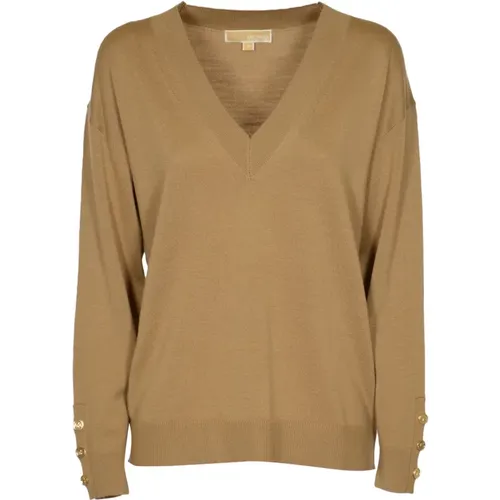 Merino V-Neck Button Sleeve Sweater , female, Sizes: S, L, XS, M - Michael Kors - Modalova