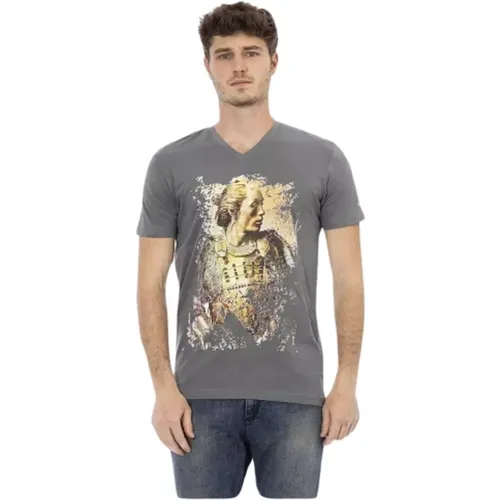 Graues V-Ausschnitt Baumwoll T-Shirt , Herren, Größe: L - Trussardi - Modalova