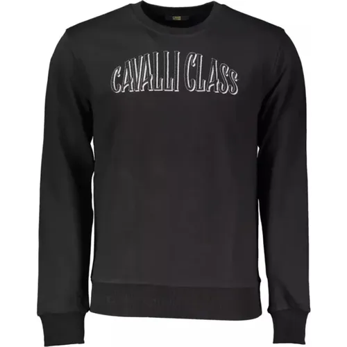 Schwarzer Baumwollpullover, Langarm, Regular Fit, Besticktes Logo , Herren, Größe: L - Cavalli Class - Modalova