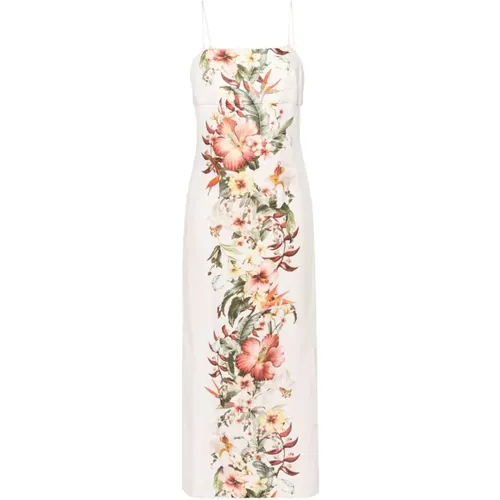 White Linen Square Neck Dress with Floral Print , female, Sizes: XS - Zimmermann - Modalova