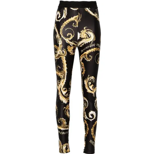 Schwarze Gold Satin Leggings Chromo Couture , Damen, Größe: 2XS - Versace Jeans Couture - Modalova