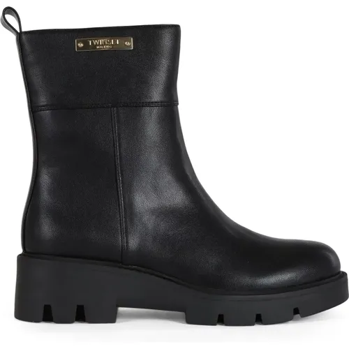 Eco-Leder Stiefelette mit seitlicher Logoplatte , Damen, Größe: 37 EU - Twinset - Modalova