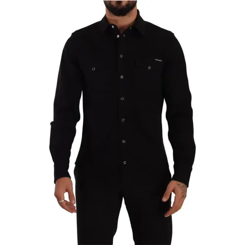 Schwarzes Slim-Fit Baumwoll-Denim-Stretch-Shirt , Herren, Größe: XL - Dolce & Gabbana - Modalova