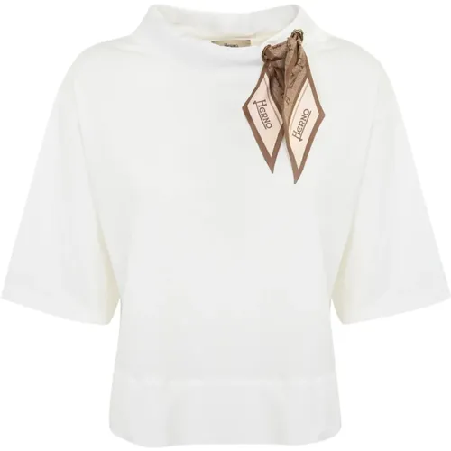 Weiße Baumwoll-T-Shirt mit Jacquard-Schal , Damen, Größe: 2XS - Herno - Modalova