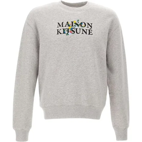 Men's Grey Sweater with Multicolor Flower Logo , male, Sizes: M, XL, 2XL, S, L - Maison Kitsuné - Modalova