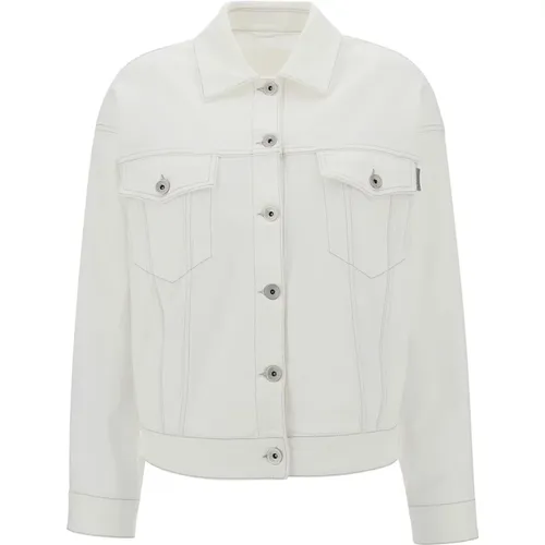 Weiße Jeansjacke,Weiße Denimjacke mit Spitzem Kragen und Knopfverschluss - BRUNELLO CUCINELLI - Modalova
