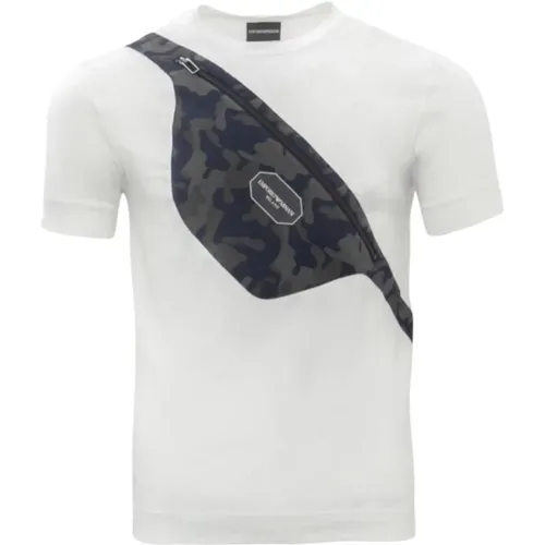 Weiße Herren T-Shirt mit kurzen Ärmeln und Camouflage-Tasche - Emporio Armani - Modalova