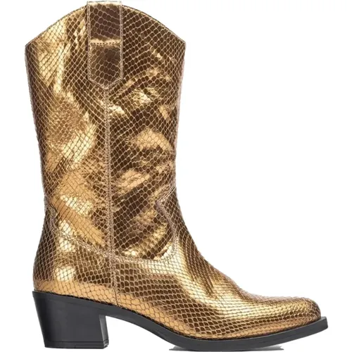 Metallische Leder Cowboy Stiefel mit dünnen Zehen und 4 cm Absatz , Damen, Größe: 38 EU - Unisa - Modalova