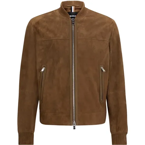 Regular Fit Suede Leather Jacket with Ribbed Cuffs , male, Sizes: M, L - Hugo Boss - Modalova
