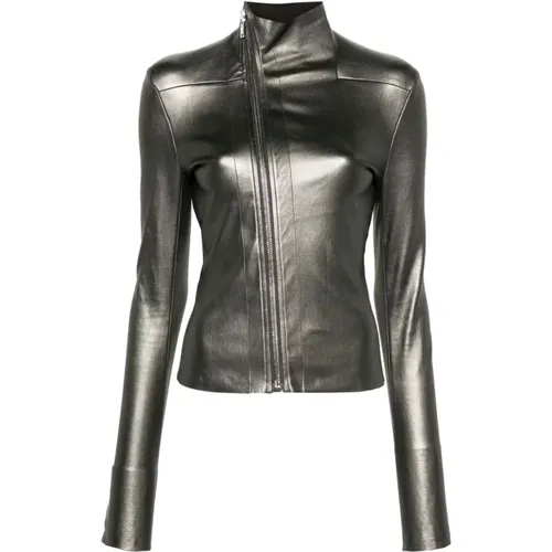 Grey Leather Metallic Finish Jacket , female, Sizes: M - Rick Owens - Modalova