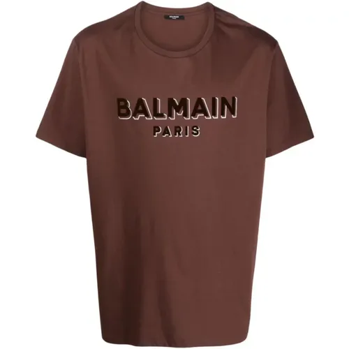 Braunes Flocked Logo T-Shirt , Herren, Größe: S - Balmain - Modalova