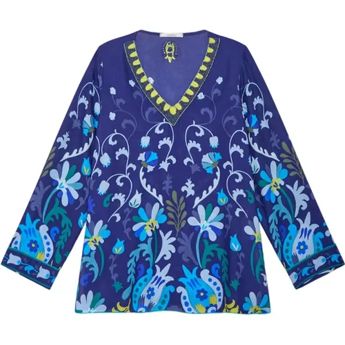 Elegant V-Neck Floral Embroidered Shirt , Damen, Größe: L - Maliparmi - Modalova