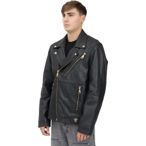 Schwarze Leder Bikerjacke mit goldenen Details - Versace Jeans Couture - Modalova