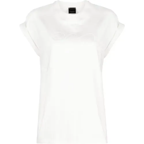 Besticktes Logo Weiße Baumwoll-T-Shirt - pinko - Modalova